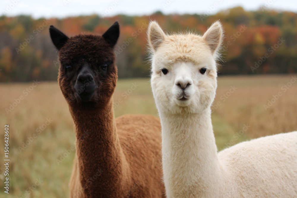 Fototapeta premium two alpacos standing in a field with trees in the background