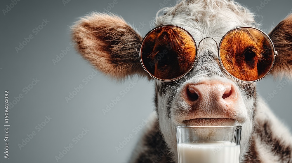 Cool Cow's Delightful Sip: A quirky close-up of a cow sporting cool sunglasses and relishing a glass of milk, radiating a sense of fun and a refreshing beverage Cool Cow's Delightful Sip: A quirky close-up of a cow sporting cool sunglasses and relishing a glass of milk, radiating a sense of fun and a refreshing beverage