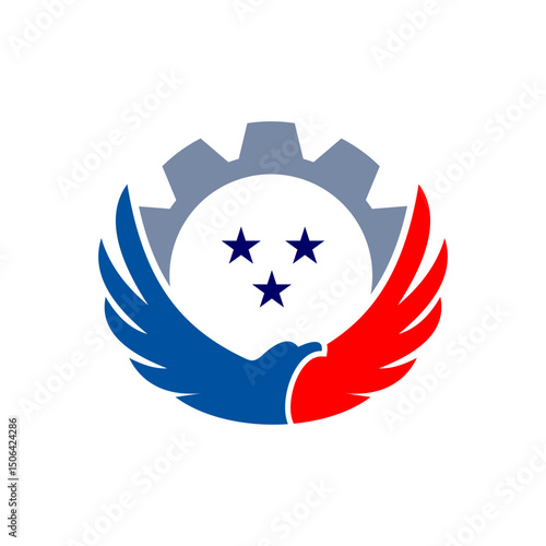American bird flapping wings inside  gear vector logo