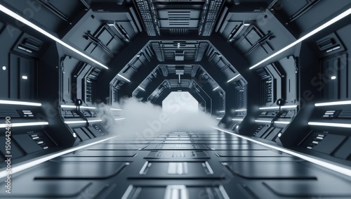 Futuristic sci-fi spaceship corridor with sleek metallic design and bright light at the end of the tunnel