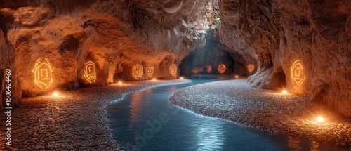 mystical canyon with glowing symbols carved into the walls and a river of light flowing through, Generative AI