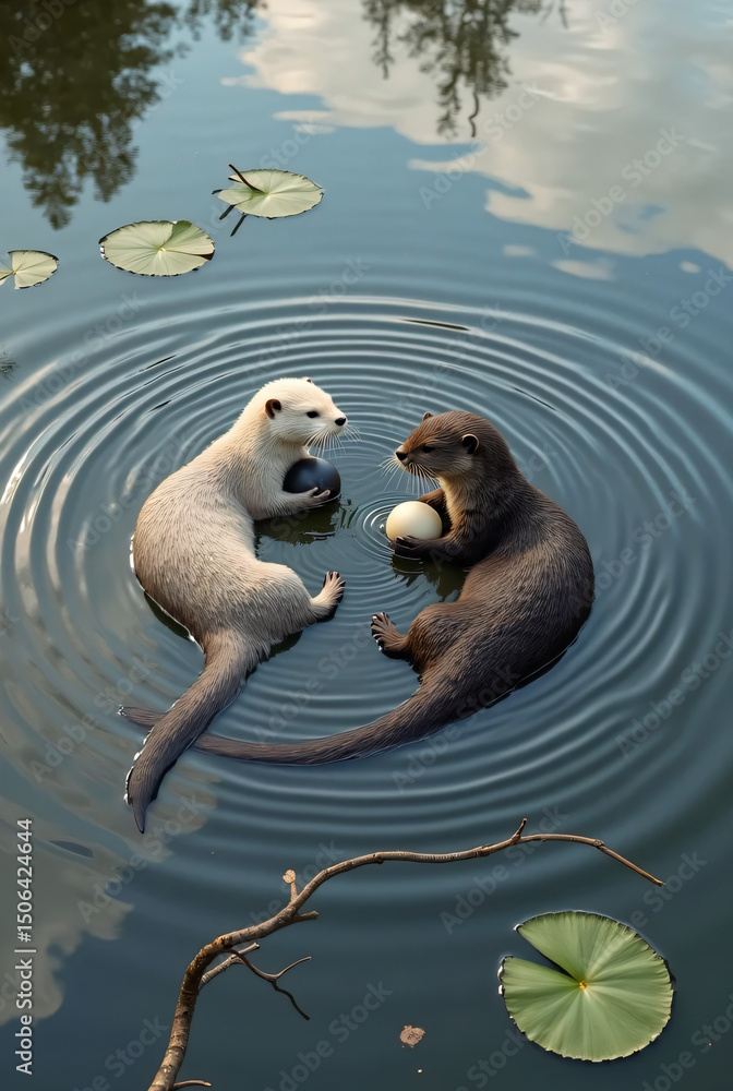 Fototapeta premium Playful Otters with Yin Yang Theme in Serene Nature Setting