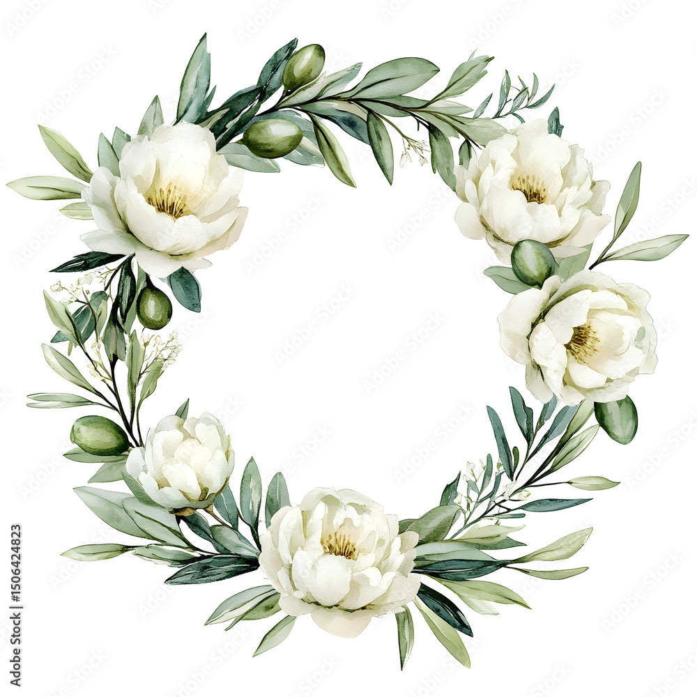 Obraz premium Watercolor floral wreath with white peonies and olive branches isolated on transparent background