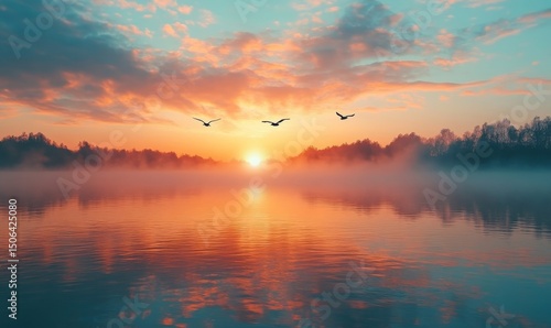 tranquil sunrise over a serene lake, with mist rising from the water and birds flying in the distance, Generative AI