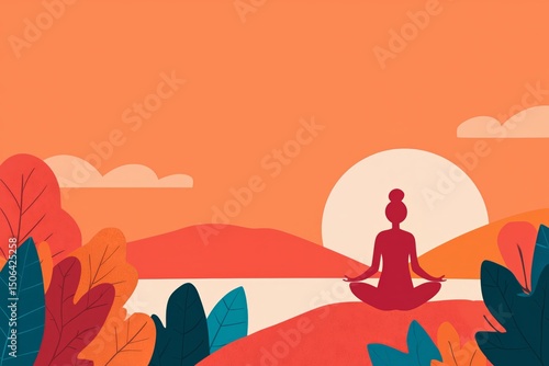 Wallpaper Mural Woman meditating at sunset with nature landscape. Digital illustration for relaxation, mindfulness, and inner peace concept. Torontodigital.ca