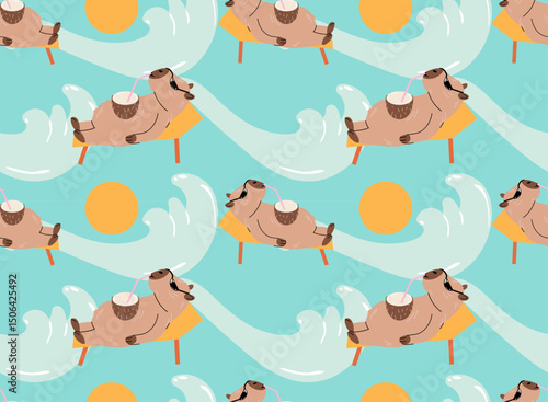 Capybara on Sun Lounger with Coconut. Tropical Seamless Pattern