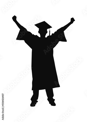 Silhouette of Graduate with Cap and Gown Celebrating