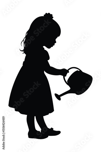 Silhouette of Girl with Watering Can in Profile View