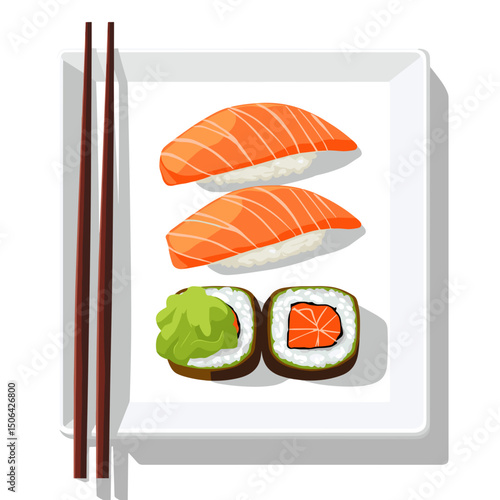 Cartoon sushi platter featuring salmon nigiri, tuna roll and wasabi on white background
