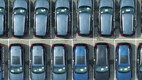 Canvas Print This close-up view captures the meticulous arrangement of cars, illustrating the efficiency of vehicle storage and handling at a distribution center, ensuring easy access and organization