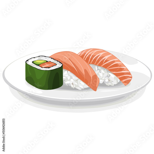 Cartoon sushi platter featuring salmon nigiri, tuna roll and wasabi on white background