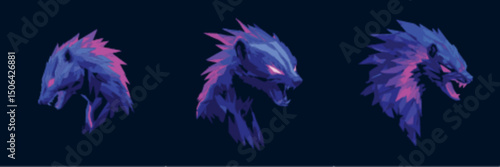 Wolf Mascot Head Logo Trio with Abstract Geometry in Glowing Vector Style ideal for wilderness games and dark team branding