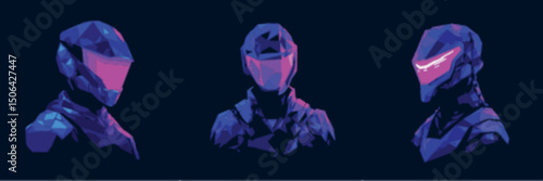 Cyber Soldier Portrait Set with Glowing Visors in Futuristic Vector Style best for military gaming and tech-based character packs