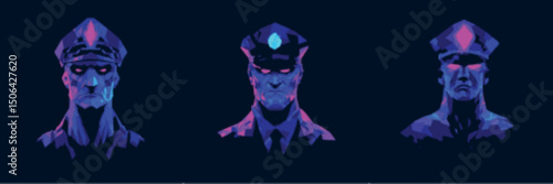 Police Officer Head Logo Trio with Tech Enhancements in Glowing Vector Style ideal for law enforcement branding in cyberpunk games
