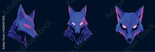 Fox Mascot Head Logo Set with Glowing Eyes in Stylized Vector Style best for nocturnal themes and stealth game branding