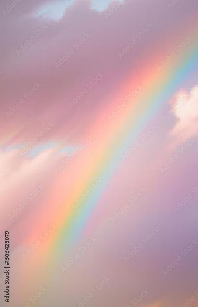 Beautiful rainbow arching over the sky with colorful clouds and sun rays Beautiful rainbow arching over the sky with colorful clouds and sun rays