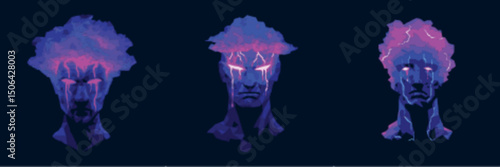 Futuristic Character Head Logo Set with Electric Hair in Abstract Vector Style best for surreal avatars and experimental visual art