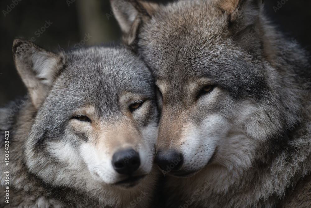 Fototapeta premium two gray wolfs are cuddling together in the dark