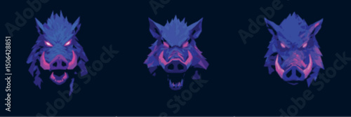 Boar Mascot Head Logo Trio with Glowing Tusks in Bold Vector Style perfect for primal clan logos and fantasy creature branding