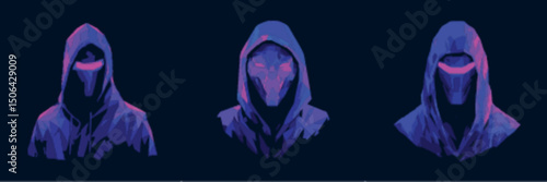 Masked Hooded Character Set in Dark Cyber Style ideal for stealth-themed content and mysterious character avatars