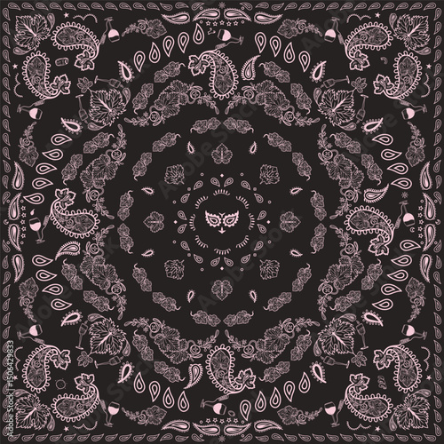 Black bandana Print. Grapes wines paisley bandana bandanna Scarf Face Head Wrap. pattern art wines grapes cheese Grape leaves corkscrew square pattern design