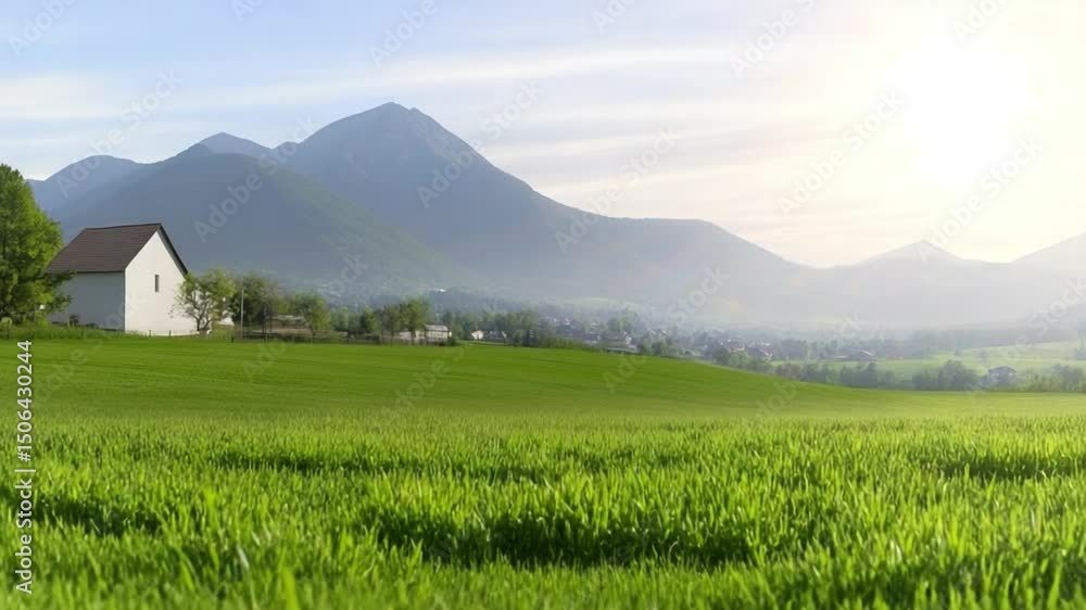 Peaceful Mountain Vista: A serene shot of a quaint house nestled in a verdant meadow, with majestic mountains rising in the background, framed by a sunny sky. Peaceful Mountain Vista: A serene shot of a quaint house nestled in a verdant meadow, with majestic mountains rising in the background, framed by a sunny sky.