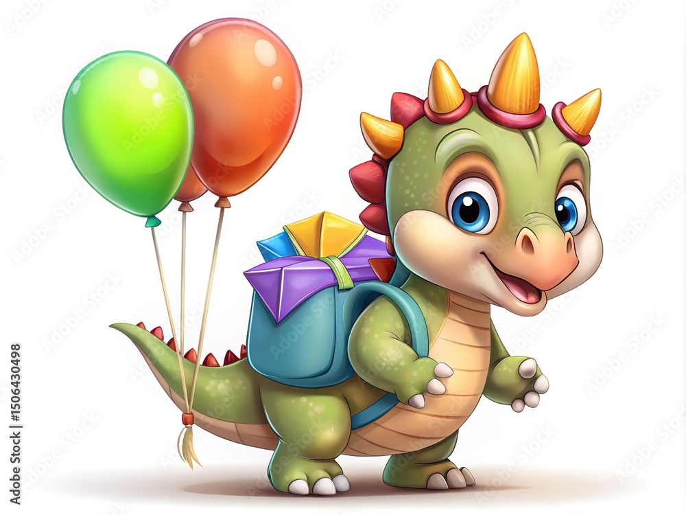 Fototapeta premium Cute Dinosaur with Backpack and Balloons for a Celebration