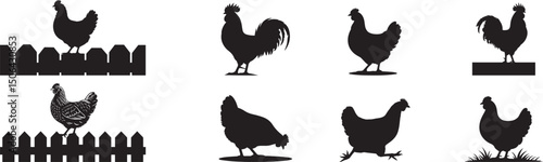 Silhouettes of chickens and roosters on fences. eps-10