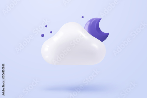3d moon or crescent with cloud icon in bubble shape in sky. Luna element is fluffy cumulus shapes. Glossy crescent with stars on weather forecast. 3d moon on cloud icon vector render illustration