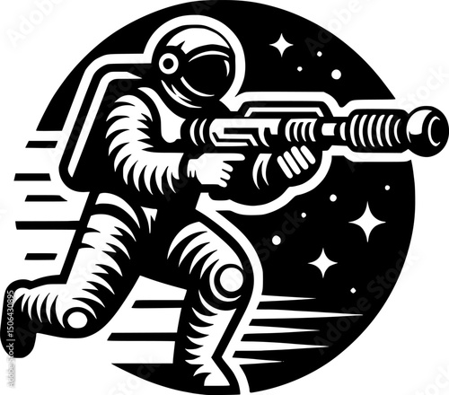 Sketchy cosmic emblem of astronaut runs with blaster rifle on surface of unknown planet in monochrome. Engraving minimalistic vector in black ink drawing on transparent background