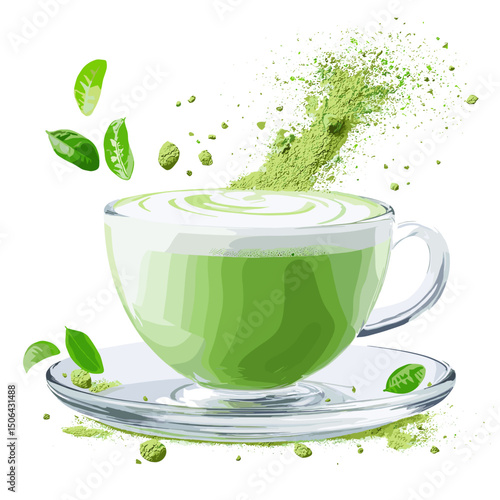 Adorable matcha latte in transparent cup with foam art and green powder sprinkle on white background