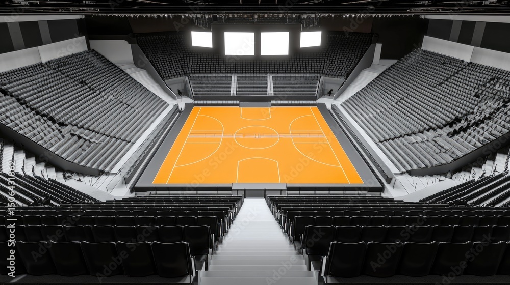 Fototapeta premium Empty arena with orange court and grey seats.