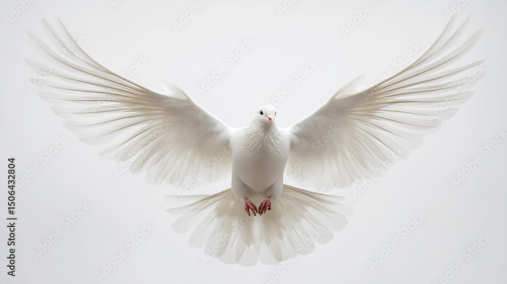 Fototapeta premium White dove in mid-flight with wings fully spread against a clean white background. 