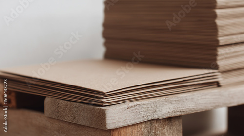 Close-up of stacked cardboard sheets on a wooden surface, emphasizing texture and layers.
 photo