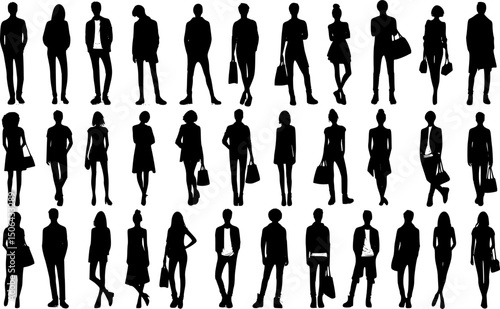 Vector silhouettes man and women, illustrations isolated on white background. Silhouettes of young people posing in fashionable clothes. EPS 10 version.