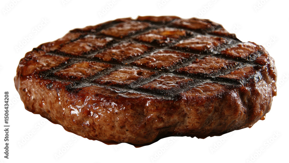 A perfectly grilled beef patty, exhibiting a rich brown crust with distinct grill marks and glistening surface A perfectly grilled beef patty, exhibiting a rich brown crust with distinct grill marks and glistening surface