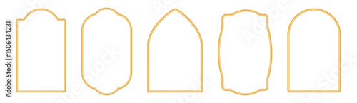 Collection of golden arches in oriental style. Arabic golden frames, traditional islamic window shape, gates, doors, mosque arches, moroccan borders. Muslim architecture design elements. Vector