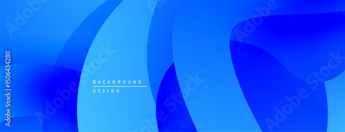 Abstract blue background features flowing shapes, gradients. Modern design evokes calm, dynamic feel. Simple, clean aesthetic.
