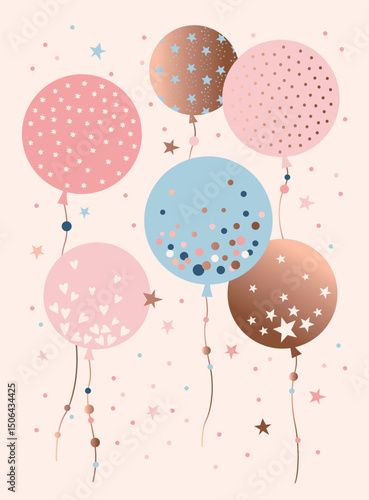 Pastel round balloons with stars hearts and confetti on beige background