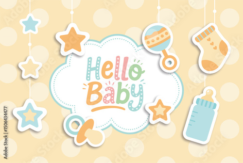 Cute baby shower illustration with pacifier milk bottle rattle and socks on pastel background