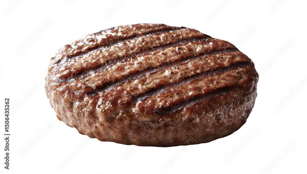 A perfectly grilled, round hamburger patty with visible grill marks, showcasing a rich brown crust and juicy interior A perfectly grilled, round hamburger patty with visible grill marks, showcasing a rich brown crust and juicy interior