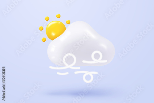 3D sun on cloud icon with windy storm blowing weather . weather forecast, summer spring hot on weather forecast realistic in summer. 3d windy summer overcast rainstorm icon vector render illustration