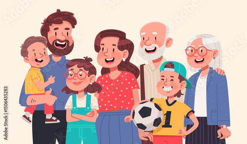 Big family, happy mom dad kids grandma and grandpa together. Vector illustration