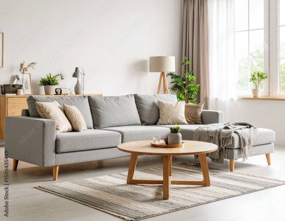 Fototapeta premium Modern gray sectional sofa in a bright living room with wooden coffee table, plants, and soft textiles. Perfect for home decor, interior design, and real estate listings.