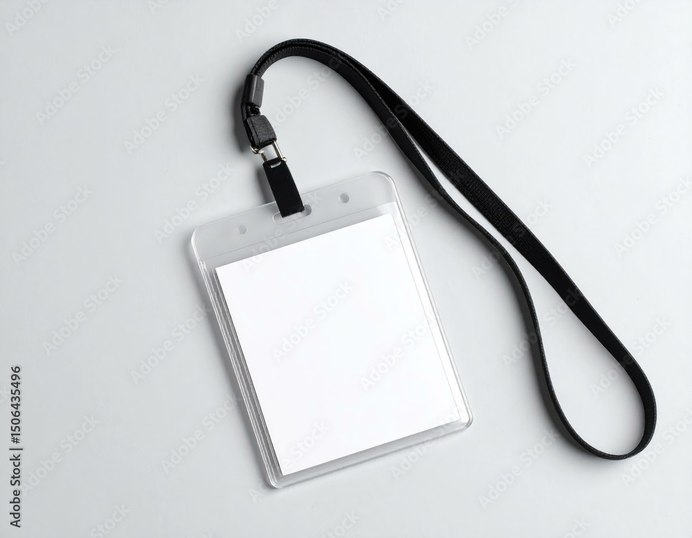Fototapeta premium Blank ID card holder with black lanyard on a gray background. Perfect for mockups and designs.