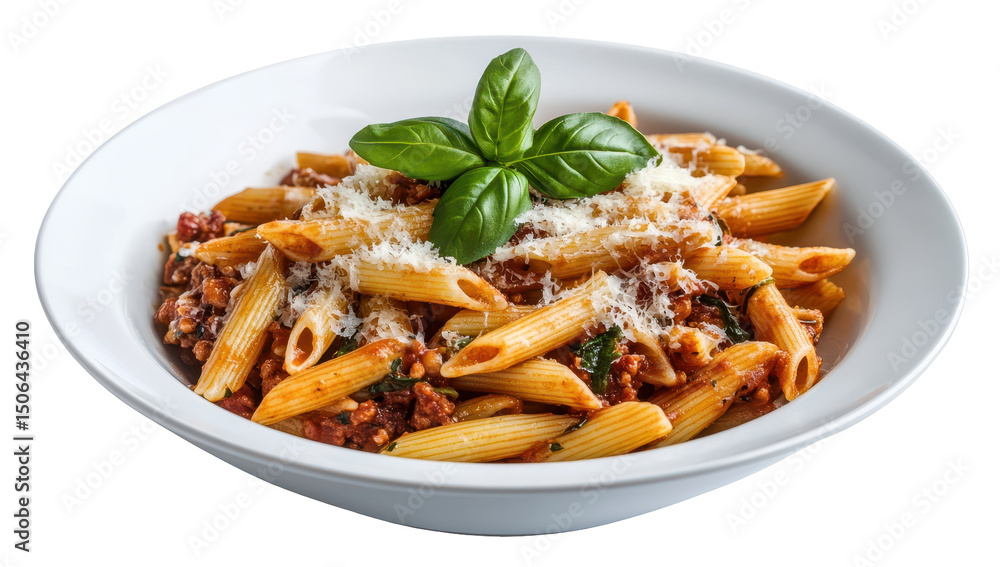 Penne pasta in a rich, meaty tomato sauce, topped with grated cheese and fresh basil, served in a white bowl Penne pasta in a rich, meaty tomato sauce, topped with grated cheese and fresh basil, served in a white bowl