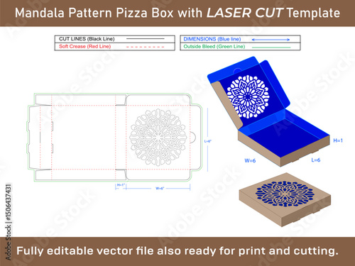 Pizza Box  Dieline Template with Mandala Pattern
