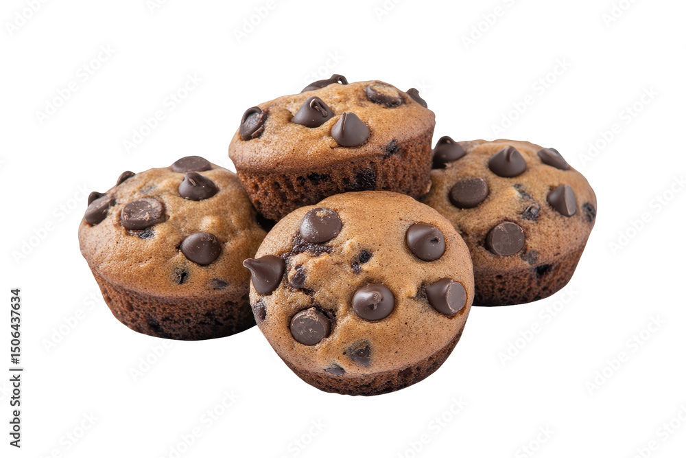 Four small, golden-brown chocolate chip muffins, slightly uneven, piled casually against a white background Four small, golden-brown chocolate chip muffins, slightly uneven, piled casually against a white background
