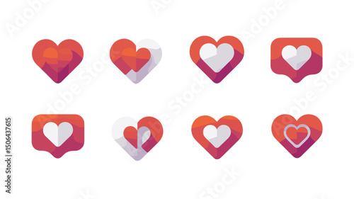 Vector collection of eight stylized heart icons with varying designs and arrangements displayed together neatly on transparent background