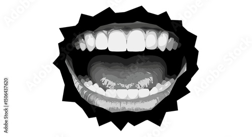 Vector an open mouth with teeth and tongue visible framed by a jagged shape in a grayscale rendering style on transparent background